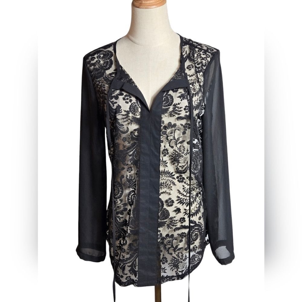 MARK Black Sheer Lace Tie Neck Blouse